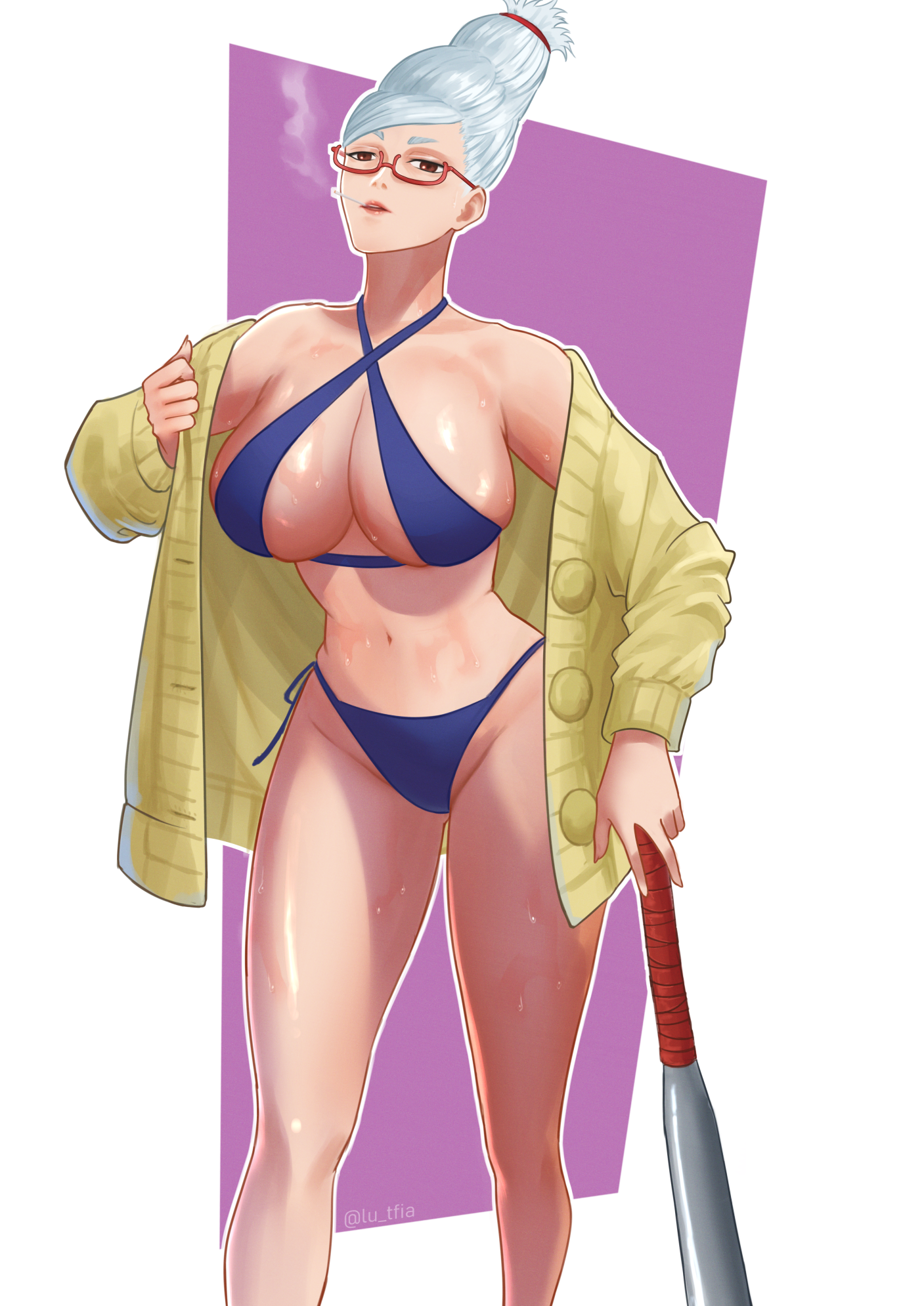 ayase seiko, dandadan, 1girl, baseball bat, breasts, huge breasts, long hair, solo