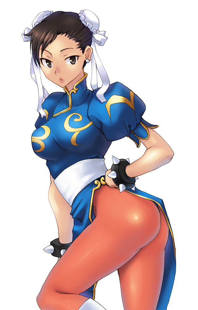 hashi, chun-li, capcom, street fighter, bad id, bad pixiv id, 1girl, ass, brown eyes, brown hair, china dress, chinese clothes, dress, female focus, pantyhose, pelvic curtain, solo