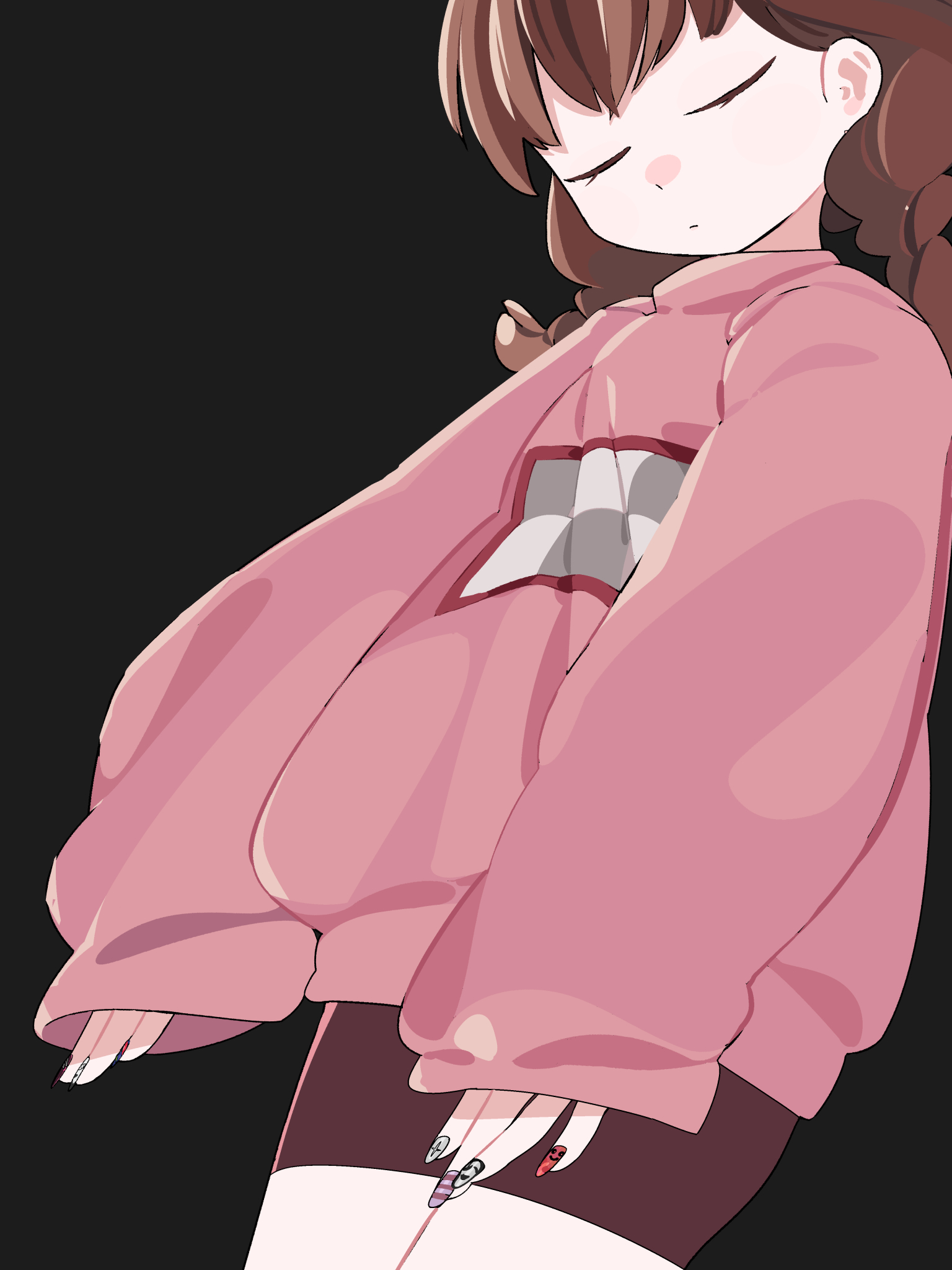 idkuroi, madotsuki, yume nikki, highres, 1girl, bike shorts, black background, braid, brown hair, closed eyes, fingernails, legs together, long fingernails, long sleeves, multicolored nails, nail polish, pink shirt, shirt, simple background, solo, twin braids