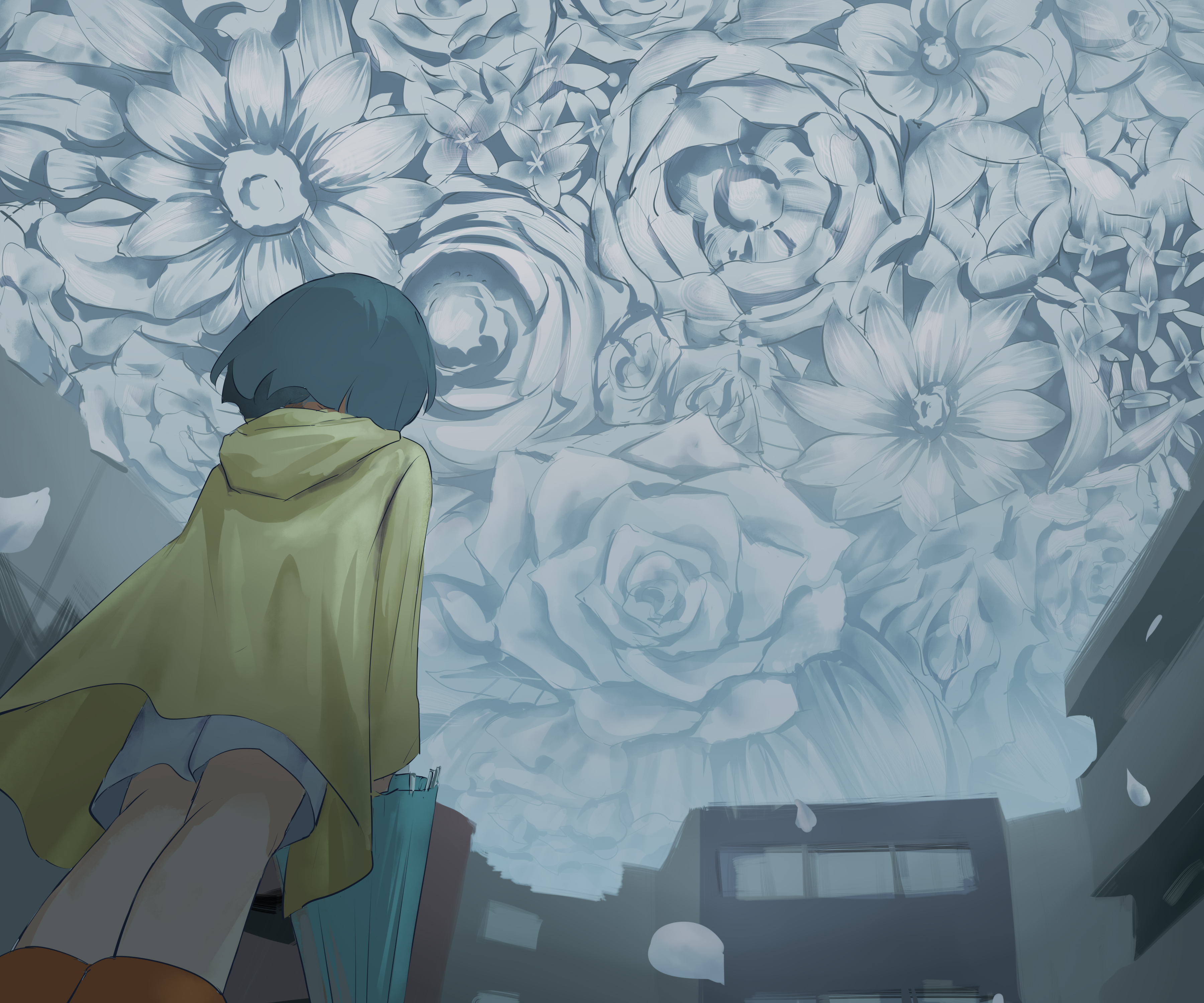 avogado6, original, absurdres, highres, 1girl, building, carnation, coat, daisy (flower), falling petals, flower, from behind, from below, grey hair, holding, holding umbrella, hood, hood down, petals, raincoat, rose, shorts, sky, surreal, umbrella, yellow coat
