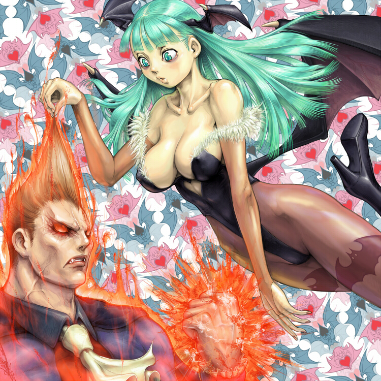 kari (artist), demitri maximoff, morrigan aensland, capcom, darkstalkers, print legwear, 1boy, 1girl, animal print, bat print, bat wings, breasts, cleavage, green eyes, green hair, head wings, large breasts, pantyhose, wings