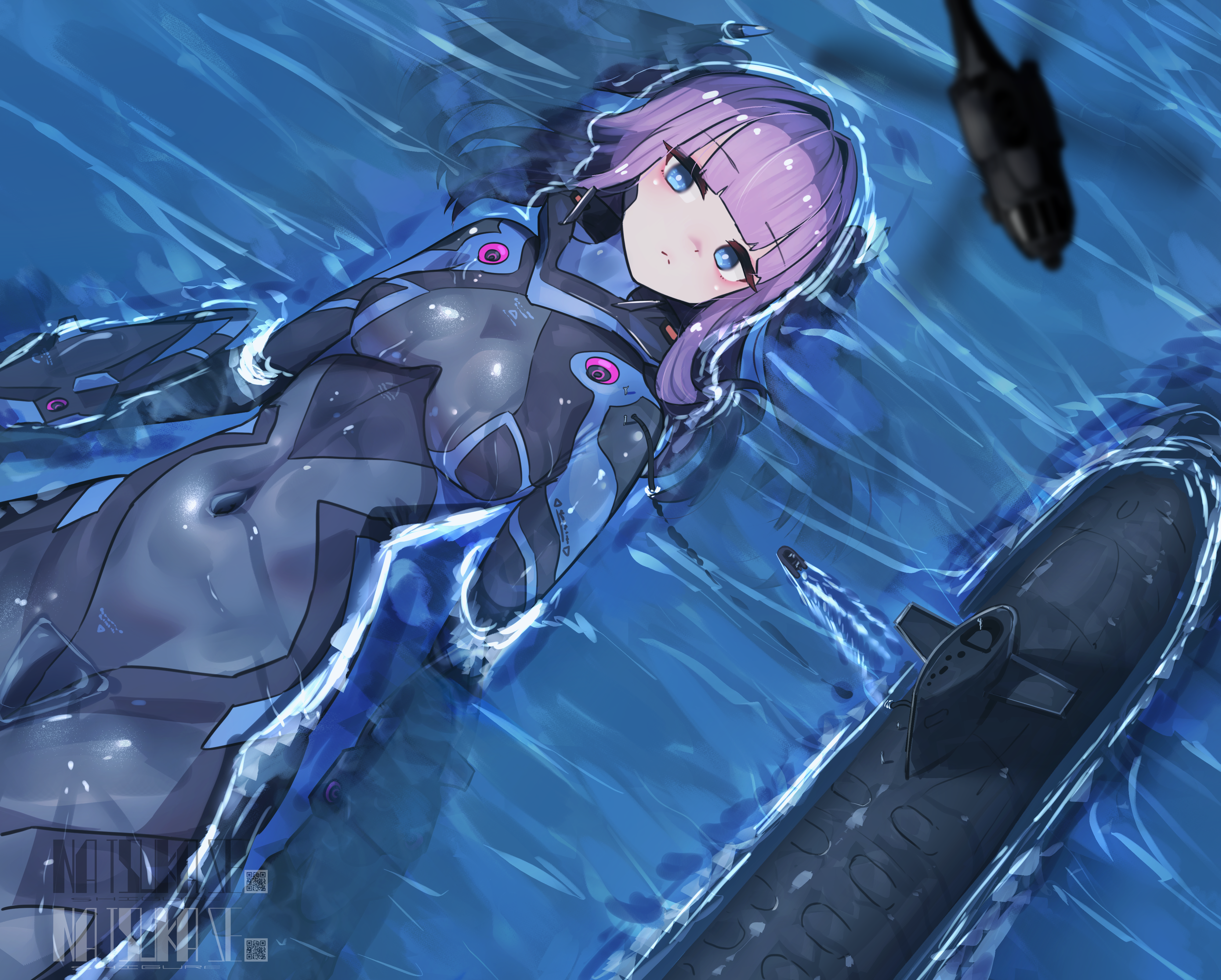 natsukaze shigure, original, absurdres, highres, 1girl, afloat, aircraft, arm mounted weapon, blue eyes, blurry, blurry foreground, boat, bodysuit, breasts, bright pupils, cable, closed mouth, covered navel, from above, giant, giantess, helicopter, long hair, mecha musume, medium breasts, military vehicle, purple hair, qr code, shiny clothes, skin tight, submarine, water, watercraft, watermark, wet, white pupils