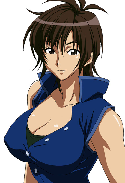 j.h., amaha masane, witchblade, 00s, 1girl, antenna hair, bare shoulders, black eyes, breasts, brown eyes, brown hair, buttons, cleavage, female focus, large breasts, looking at viewer, mature female, parted bangs, short hair, simple background, sleeveless, smile, solo, unbuttoned, upper body