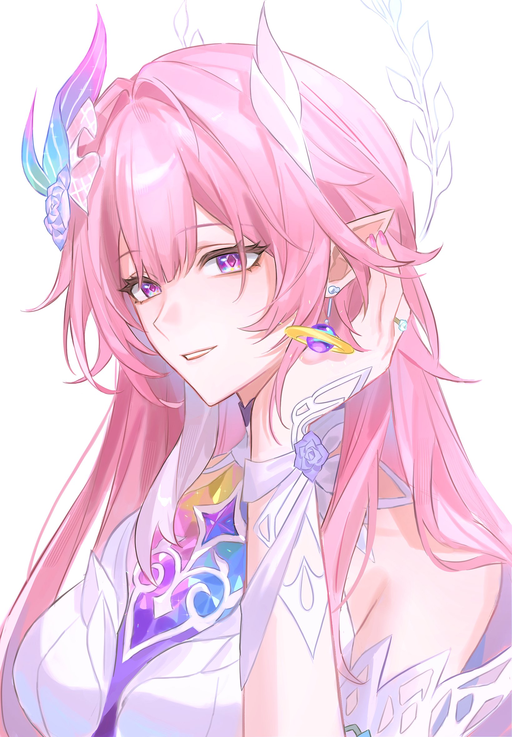 0p78xopwsj83779, cyrene (honkai: star rail), cyrene (ripples of past reverie) (honkai: star rail), honkai: star rail, honkai (series), highres, 1girl, diamond-shaped pupils, diamond (shape), dress, flower, hair flower, hair ornament, official alternate costume, pink hair, pointy ears, purple eyes, simple background, solo, symbol-shaped pupils, upper body, white background, white dress
