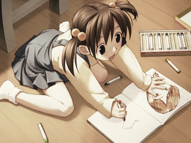 hashimoto takashi, white breath, drawing, game cg, child, crayon, dress, hair bobbles, hair ornament, short twintails, smile, solo, twintails
