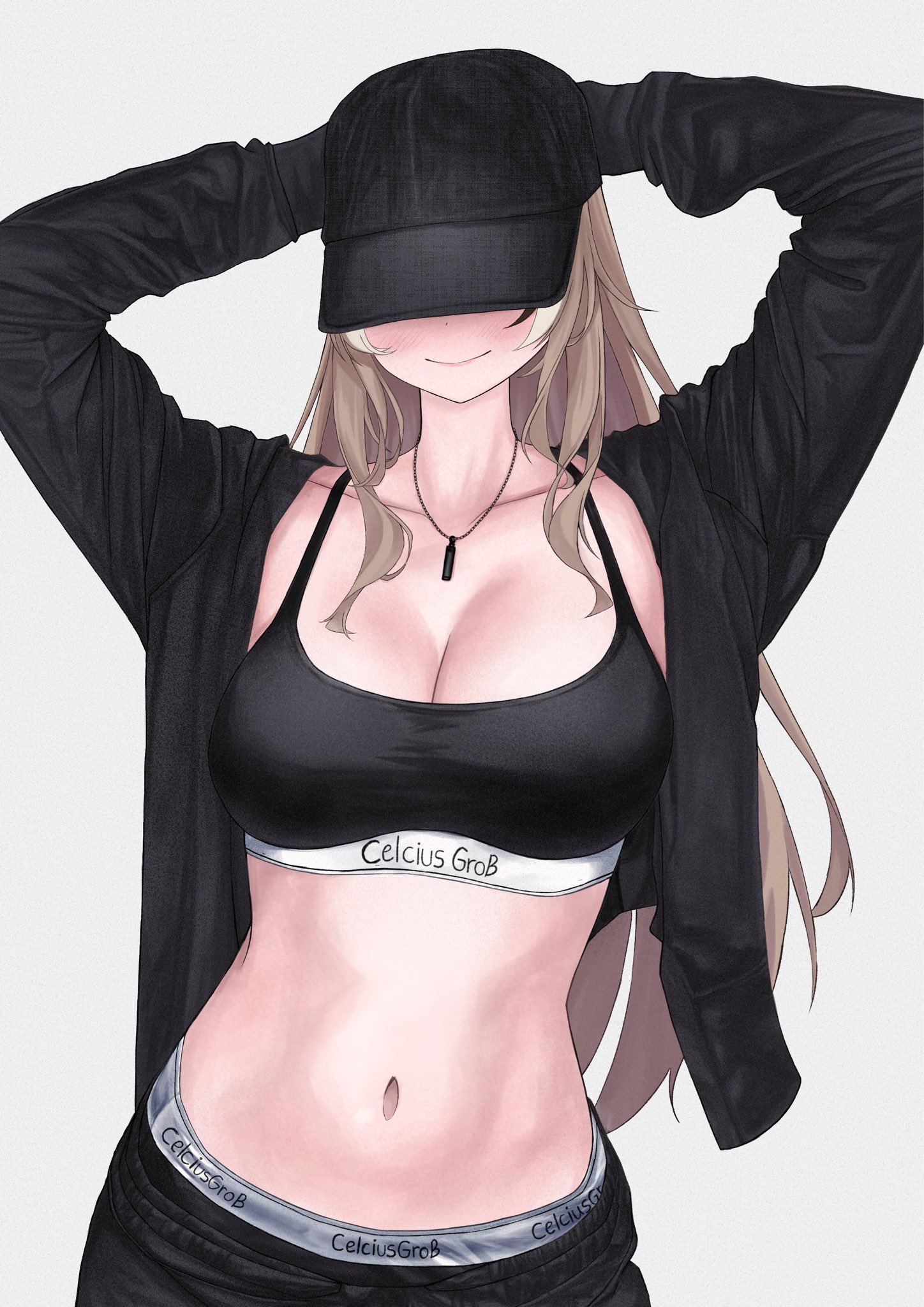 unmeidesu, nanashi mumei, calvin klein, hololive, hololive english, commentary, english commentary, highres, 1girl, alternate costume, arms behind head, arms up, baseball cap, black hat, black panties, black pants, black shirt, black sports bra, brand name imitation, breasts, brown hair, cleavage, closed mouth, clothes writing, collarbone, covered face, hat, jewelry, large breasts, long hair, long sleeves, multicolored hair, navel, necklace, open clothes, open shirt, panties, pants, shirt, simple background, smile, solo, sports bra, stomach, streaked hair, underwear, underwear writing, upper body, virtual youtuber, white background