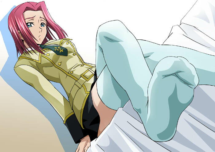 j.h., kouzuki kallen, code geass, jpeg artifacts, 00s, 1girl, bed, blue eyes, crossed legs, feet, female focus, foot focus, no shoes, red hair, school uniform, sitting, socks, solo, thighhighs