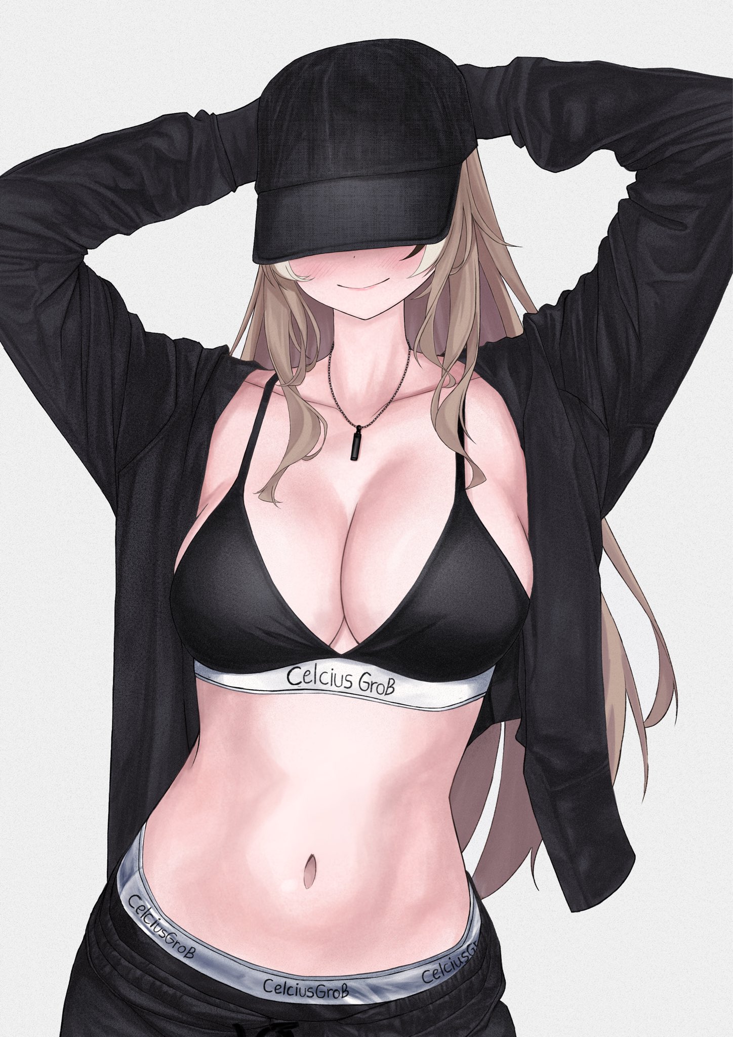 unmeidesu, nanashi mumei, calvin klein, hololive, hololive english, commentary, english commentary, highres, 1girl, alternate costume, arms behind head, arms up, baseball cap, black hat, black panties, black pants, black shirt, black sports bra, brand name imitation, breasts, brown hair, cleavage, closed mouth, clothes writing, collarbone, covered face, hat, jewelry, large breasts, long hair, long sleeves, multicolored hair, navel, necklace, open clothes, open shirt, panties, pants, shirt, simple background, smile, solo, sports bra, stomach, streaked hair, underwear, underwear writing, upper body, virtual youtuber, white background