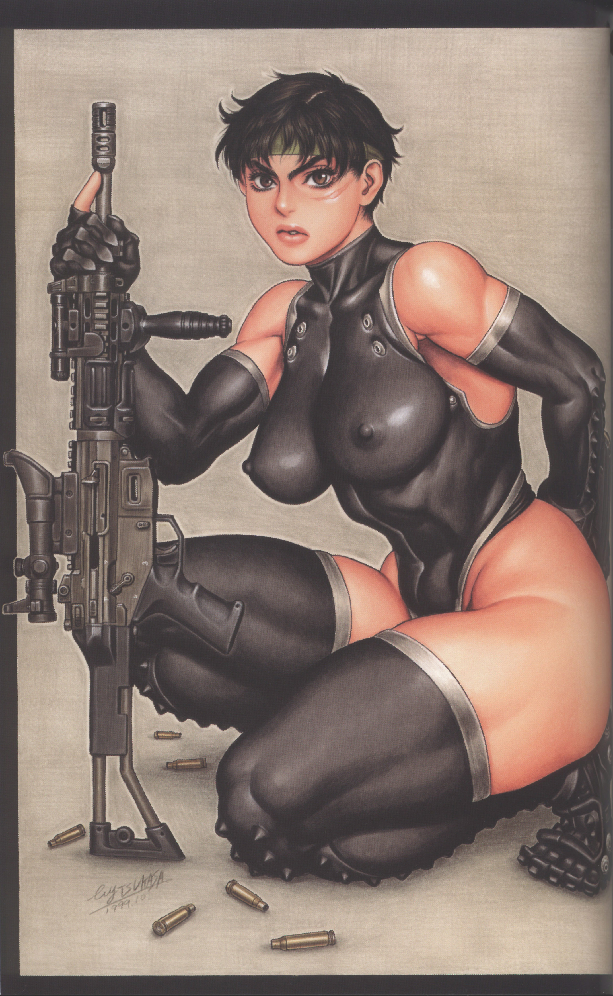tsukasa jun, absurdres, highres, 1girl, abs, arm behind back, black boots, black thighhighs, boots, breasts, brown eyes, brown hair, bullet, covered collarbone, covered erect nipples, elbow gloves, eyelashes, female focus, from side, full body, gloves, grey background, gun, halterneck, headband, large breasts, leotard, lips, machine gun, magazine (weapon), muscular, muscular female, on one knee, scar, scope, short hair, simple background, skin tight, solo, thighhighs, thighs, v-shaped eyebrows, weapon