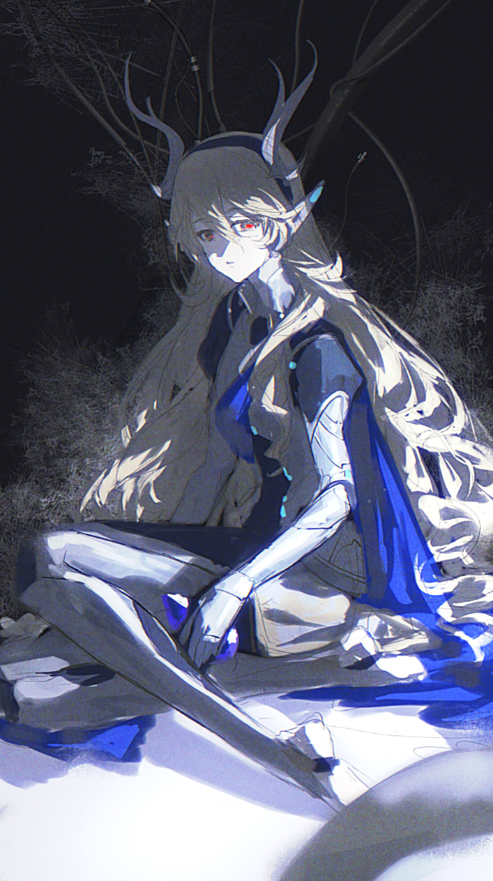 yun (dl2n5c7kbh8ihcx), female corrin (fire emblem), fire emblem, fire emblem fates, fire emblem shadows, nintendo, highres, 1girl, armor, armored leotard, black hairband, blue cape, breasts, cape, dragon girl, dragon horns, female corrin (fate dragon) (fire emblem), gloves, grey hair, hair between eyes, hairband, horns, leotard, long hair, looking at viewer, pointy ears, red eyes, solo, very long hair, white hair