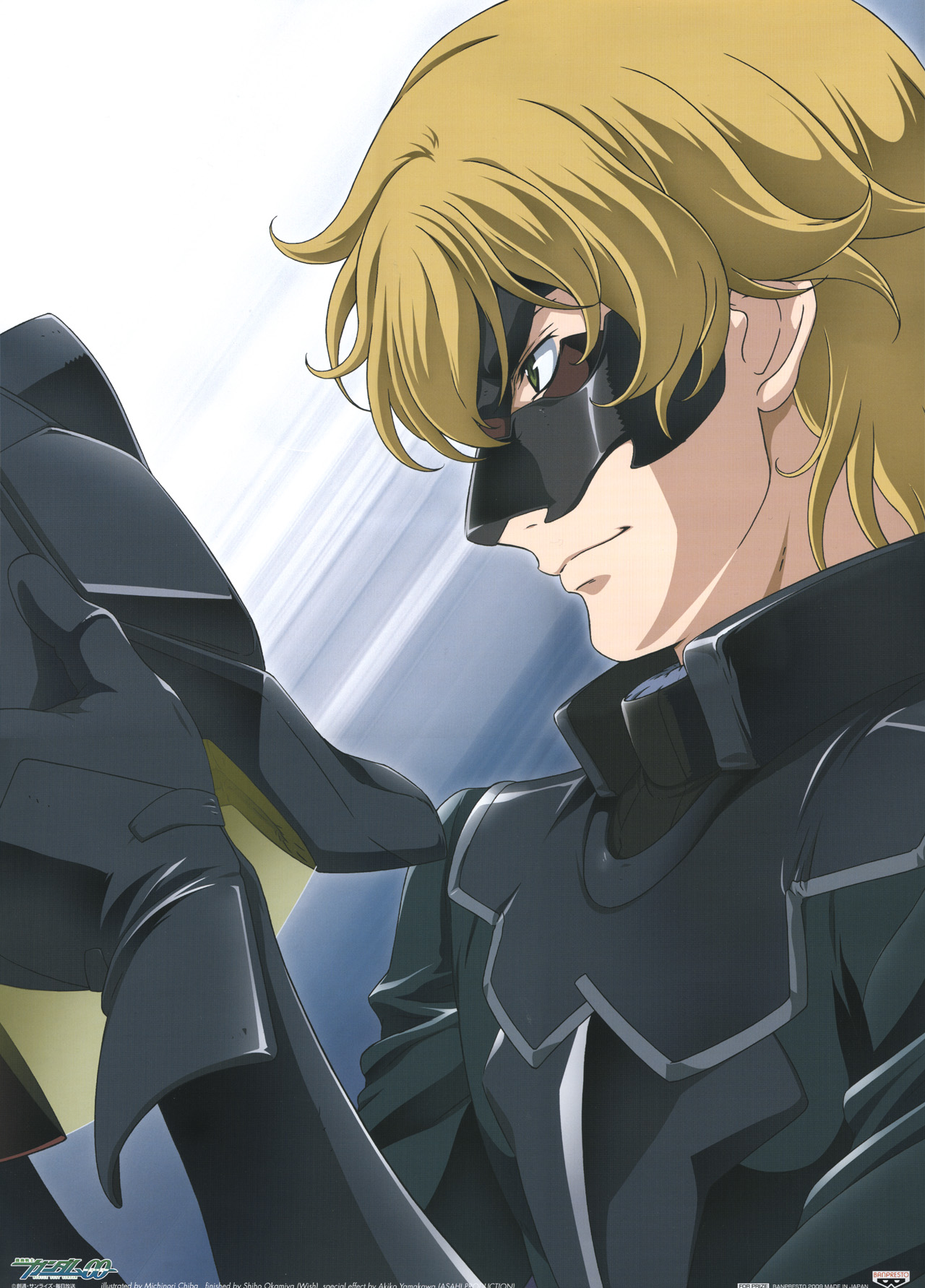 chiba michinori, graham aker, mister bushido, gundam, gundam 00, highres, 00s, 1boy, blonde hair, from side, helmet, male focus, mask, profile, solo, unworn headwear, unworn helmet, upper body