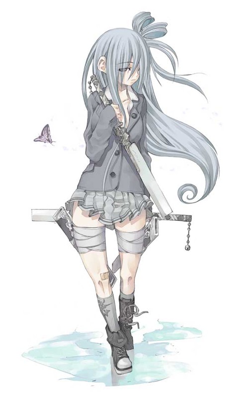 original, bandages, bandaid, blazer, bug, butterfly, grey hair, hair over one eye, insect, jacket, long hair, miniskirt, pleated skirt, shoes, skirt, socks, weapon
