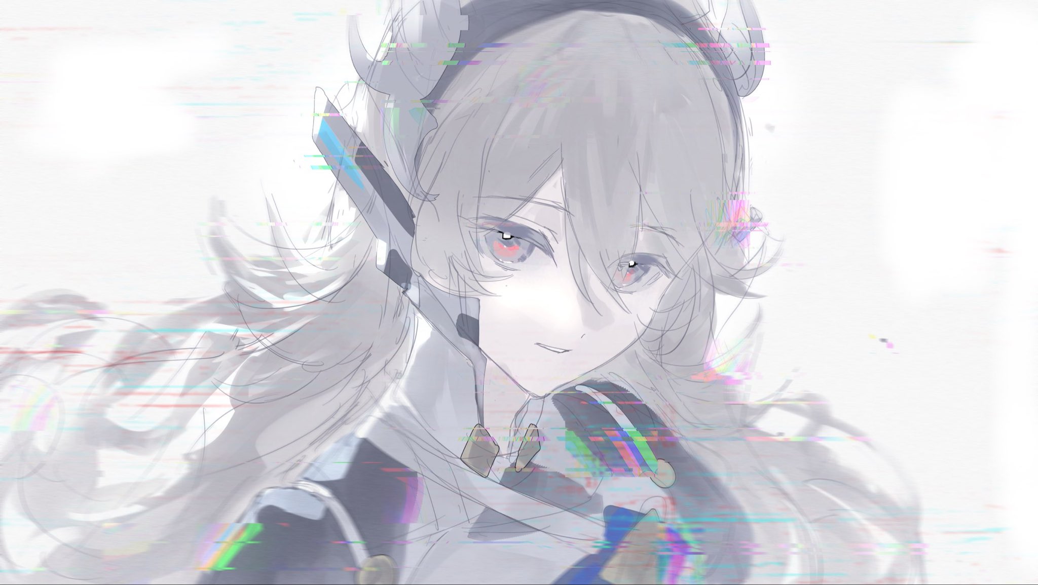 yun (dl2n5c7kbh8ihcx), female corrin (fire emblem), fire emblem, fire emblem fates, fire emblem shadows, nintendo, highres, 1girl, armor, black hairband, dragon girl, dragon horns, female corrin (fate dragon) (fire emblem), grey hair, hair between eyes, hairband, horns, long hair, looking at viewer, parted lips, red eyes, simple background, smile, solo, upper body, very long hair, white background
