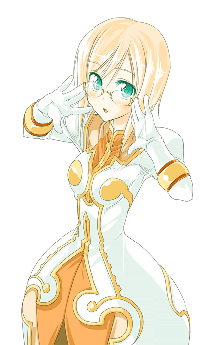 himura kiseki, estellise sidos heurassein, tales of (series), tales of vesperia, 00s, 1girl, adjusting eyewear, alternate hair color, blonde hair, blush, breasts, dress, female focus, glasses, gloves, green eyes, looking at viewer, medium breasts, pink hair, short hair, simple background, solo, white background, white gloves