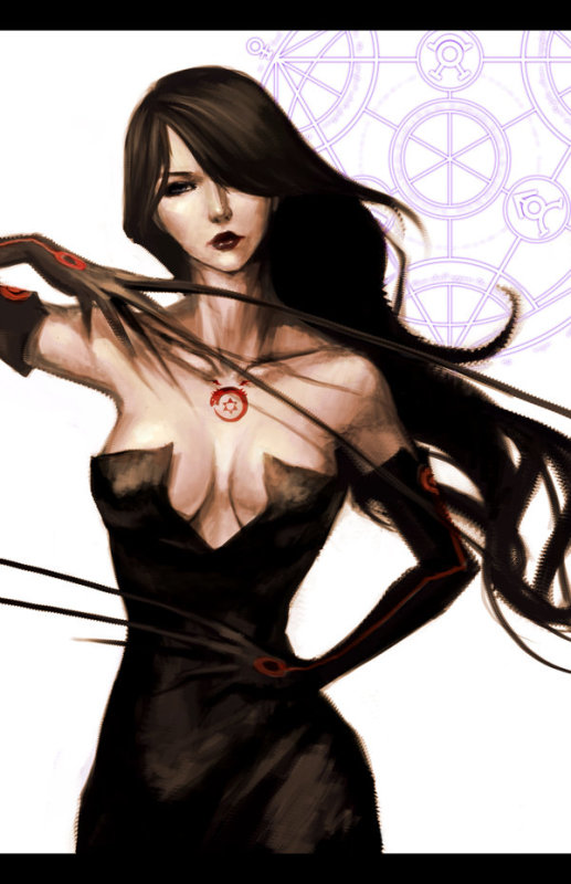 lust (fma), fullmetal alchemist, homunculus, 00s, 1girl, bare shoulders, black dress, black gloves, black hair, black lips, breasts, cleavage, dress, female focus, gloves, hair over one eye, lipstick, long hair, magic circle, makeup, ouroboros, realistic, solo, strapless, strapless dress, tattoo