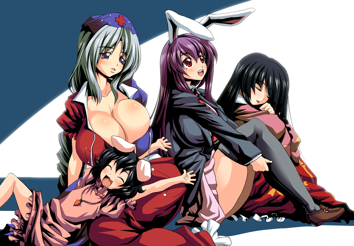 kloah, houraisan kaguya, inaba tewi, reisen udongein inaba, yagokoro eirin, touhou, 4girls, animal ears, breasts, dress, female focus, hat, huge breasts, multiple girls, rabbit ears, skirt, thighhighs