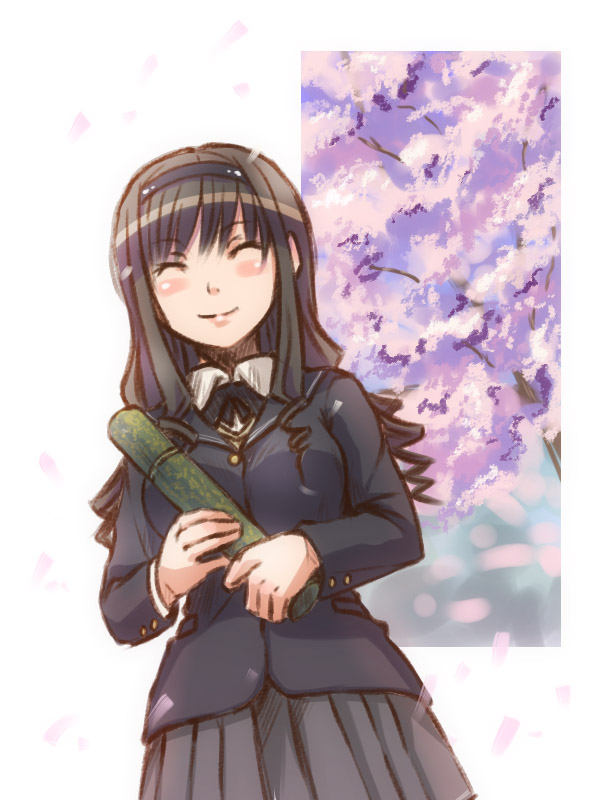 tamago, tamago (yotsumi works), morishima haruka, amagami, 1girl, black hair, blazer, cherry blossoms, closed eyes, female focus, graduation, hairband, jacket, school uniform, smile, solo
