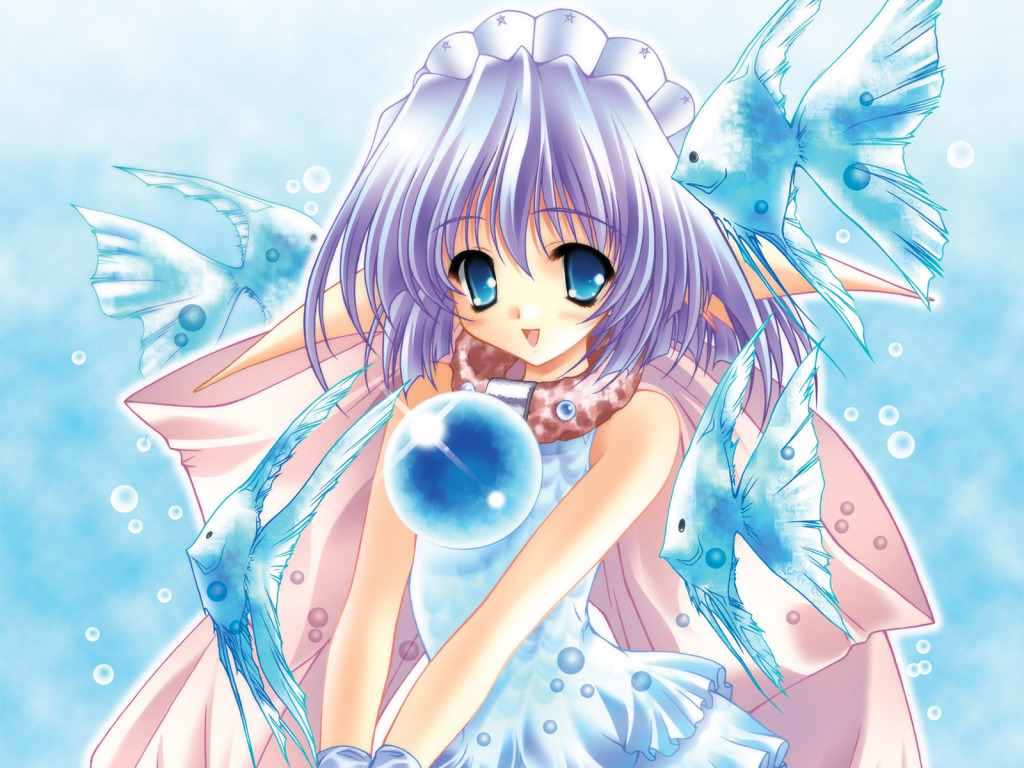 tagme, blue eyes, fish, pointy ears, purple hair, smile