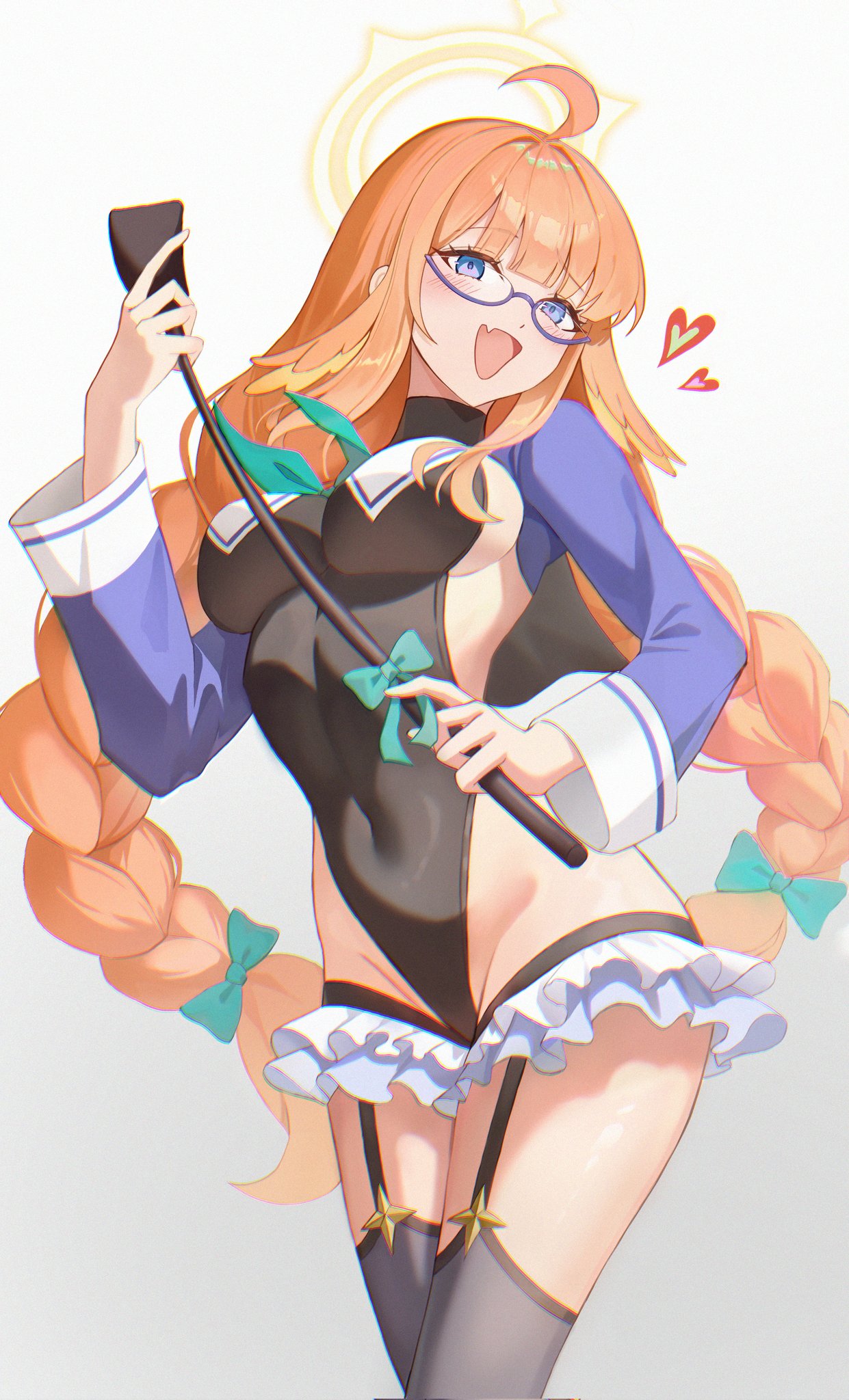 kama (kama ovo), shimiko (blue archive), shimiko (magical) (blue archive), blue archive, commentary request, highres, 1girl, ahoge, aqua eyes, aqua neckerchief, black-framed eyewear, black gloves, black leotard, black thighhighs, blue sailor collar, blue shrug, blush, border, braid, breasts, covered navel, fang, feather hair, feathers, glasses, gloves, half gloves, halo, holding, holding riding crop, large breasts, leotard, long hair, long sleeves, looking at viewer, low twin braids, neckerchief, open mouth, riding crop, sailor collar, semi-rimless eyewear, shrug (clothing), skin fang, smile, solo, super highleg, teeth, thighhighs, thighs, twin braids, upper teeth only, very long hair, yellow feathers, yellow halo