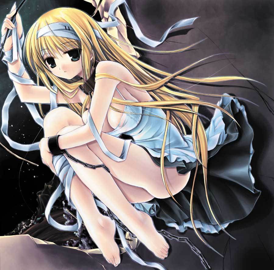 jpeg artifacts, ass, barefoot, blonde hair, breasts, chain, cleavage, dress, feet, green eyes, hugging own legs, large breasts, long hair, ribbon, very long hair