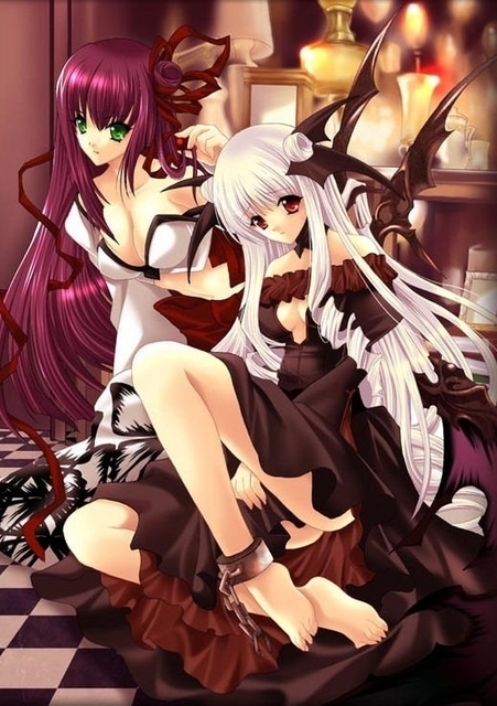 ankle chain, barefoot, breasts, candle, demon girl, feet, green eyes, long hair, purple hair, red eyes, sitting, thighhighs, white hair