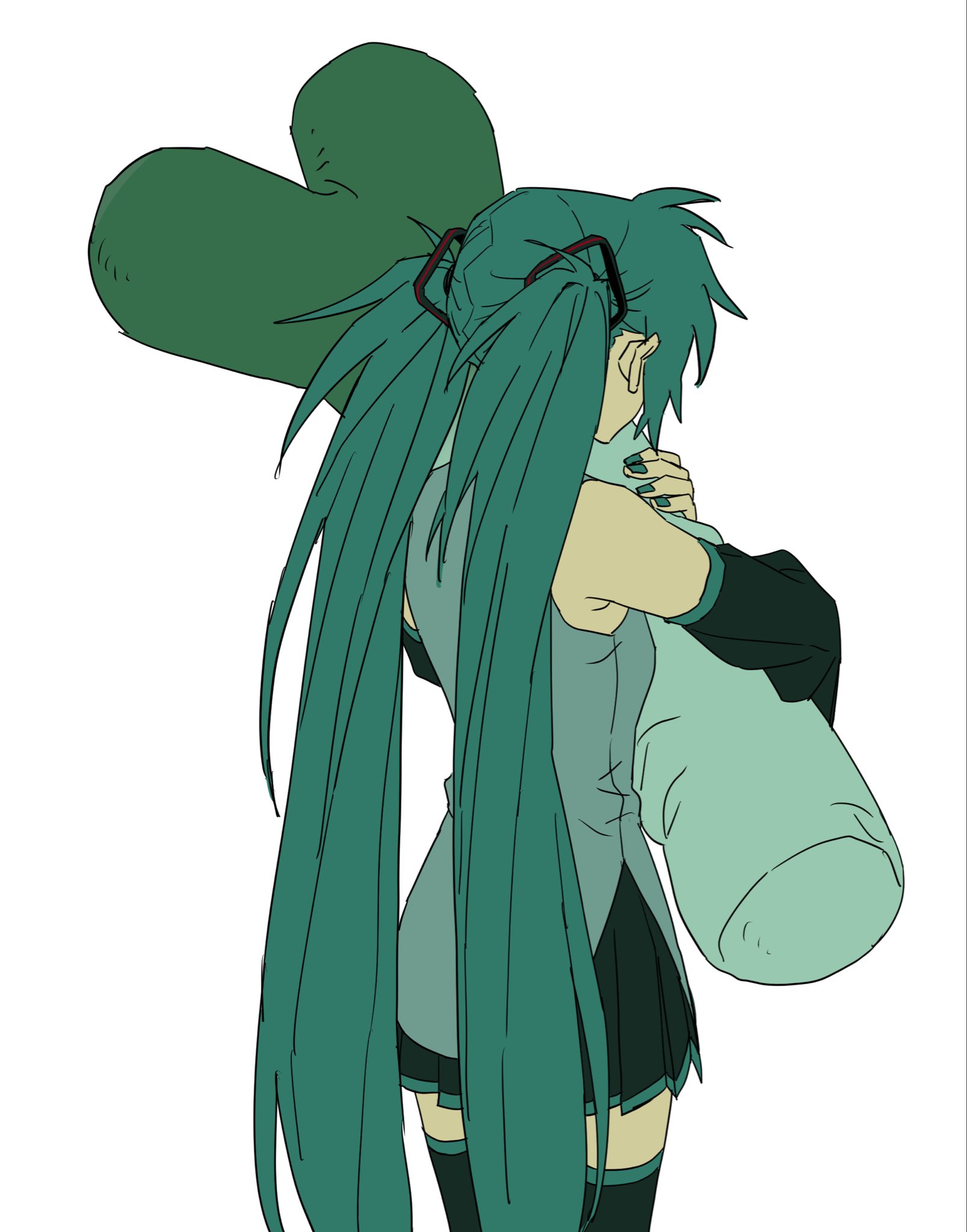 hatsune miku, vocaloid, highres, 1girl, aqua hair, aqua nails, black skirt, black sleeves, black socks, detached sleeves, flat color, from behind, holding, holding stuffed toy, kaitodream, long hair, miniskirt, simple background, skirt, socks, solo, solo focus, spring onion, stuffed animal, stuffed toy, thighhighs, twintails, very long hair, white background