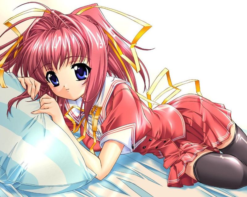 tagme, bed, blue eyes, dress, lying, pillow, pink hair, ribbon, thighhighs