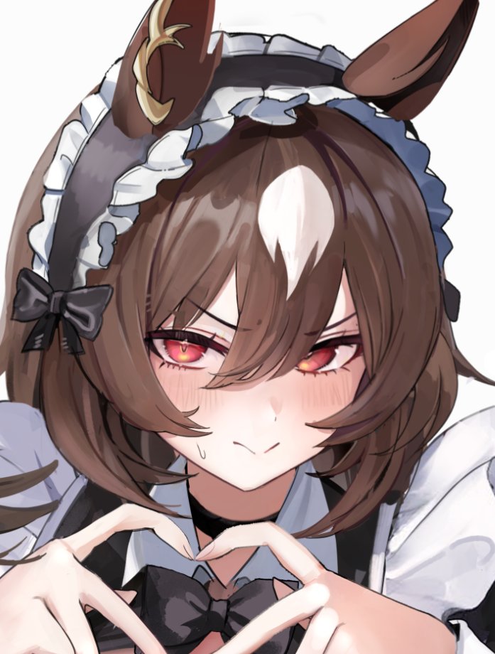 inaba (usanopo), sirius symboli (umamusume), umamusume, commentary, cropped, symbol-only commentary, 1girl, :>, alternate costume, animal ears, black bow, black bowtie, black choker, blush, bow, bowtie, brown hair, choker, closed mouth, enmaided, four-finger heart hands, hair between eyes, heart, heart hands, horse ears, horse girl, looking at viewer, maid, maid headdress, multicolored hair, red eyes, simple background, solo, streaked hair, sweatdrop, two-tone hair, white background, white hair