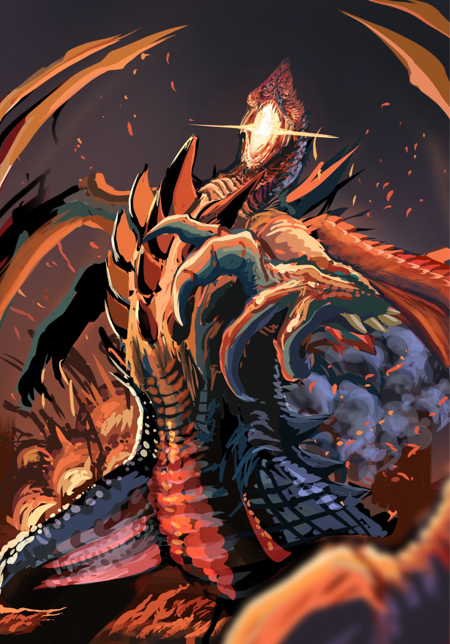 komagome, gogmazios, monster hunter (series), highres, blurry, chest spike, claws, curled fingers, depth of field, dragon, explosion, extra arms, feet out of frame, fire, foreshortening, from below, glint, hand up, horns, incoming attack, looking at viewer, monster, no humans, open mouth, powering up, single horn, smoke, spikes, standing, wings