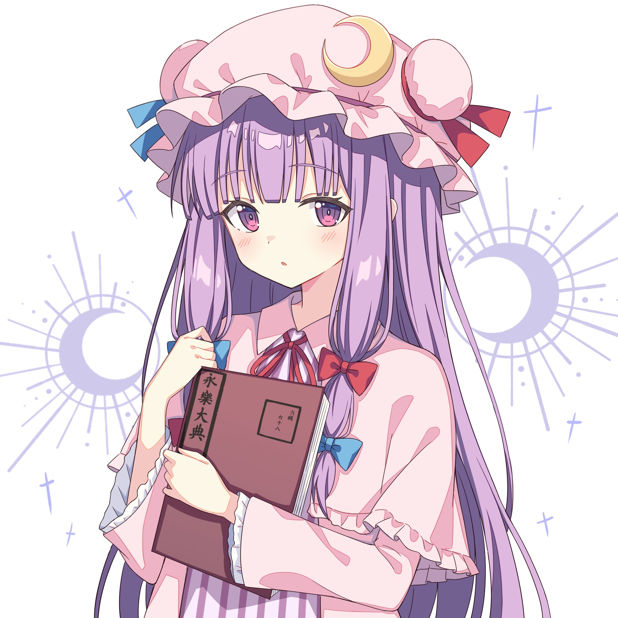 setteiset, patchouli knowledge, touhou, hashtag-only commentary, highres, 1girl, blue bow, blunt ends, blush, book, bow, crescent, crescent hat ornament, crescent pin, dress, frills, hat, hat ornament, holding, holding book, long hair, low-tied sidelocks, mob cap, pink dress, purple eyes, purple hair, red bow, red ribbon, ribbon, sidelocks, simple background, single sidelock, solo, solo focus, striped clothes, striped dress, vertical-striped clothes, vertical-striped dress, very long hair, white background
