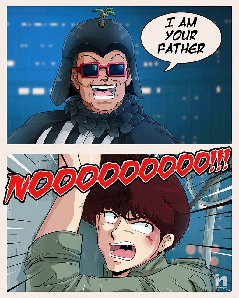 saotome nanda, darth vader, kunou tatewaki, luke skywalker, principal kunou, ranma 1/2, star wars, star wars: the empire strikes back, blood, cosplay, crossover, darth vader (cosplay), father and son, i am your father (meme), luke skywalker (cosplay), meme, open mouth, sunglasses, teeth