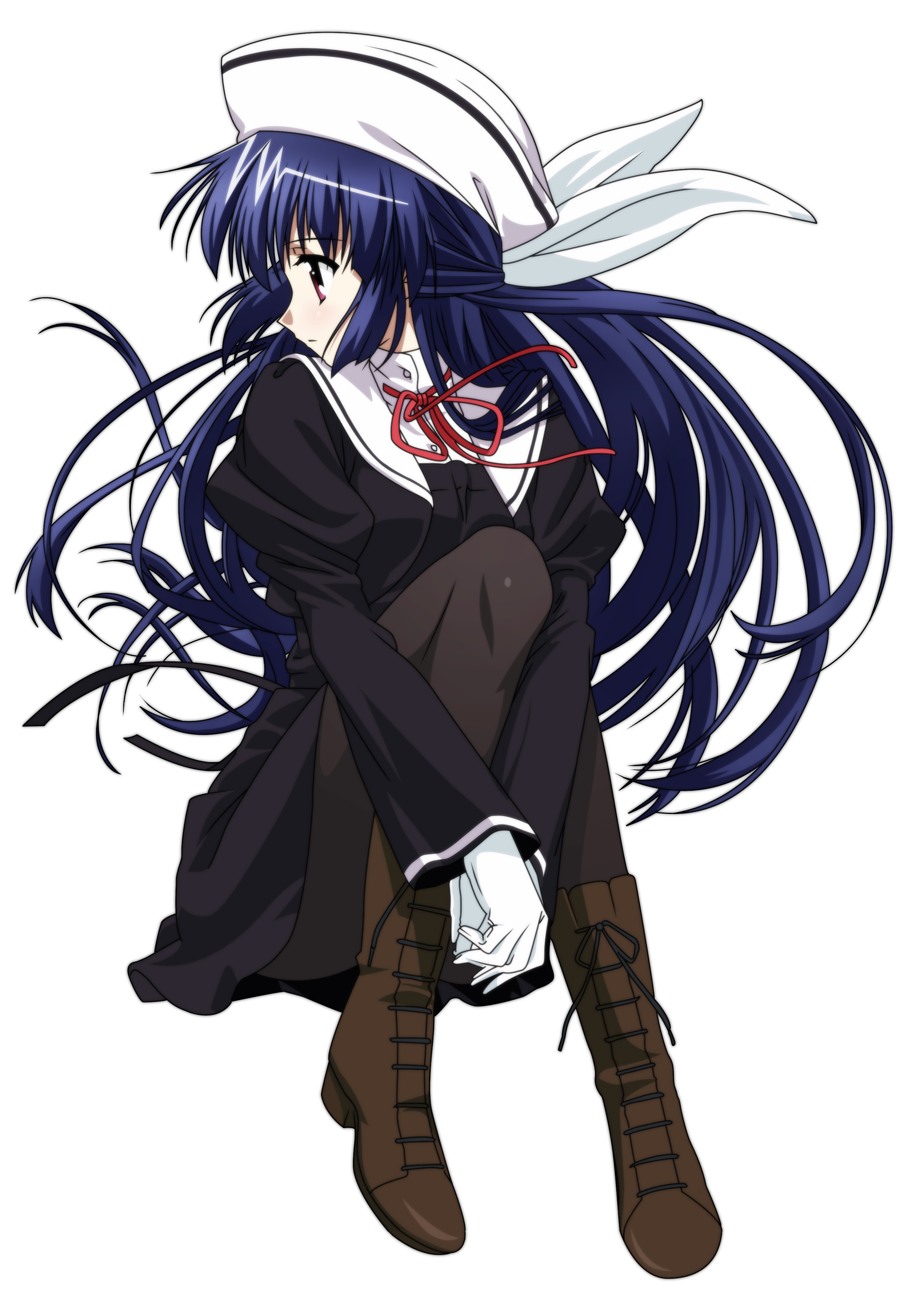 nanao naru, amamiya yuuko, ef (visual novel), absurdres, highres, 00s, 1girl, female focus, full body, gloves, hat, school uniform, solo, transparent, transparent background, white gloves