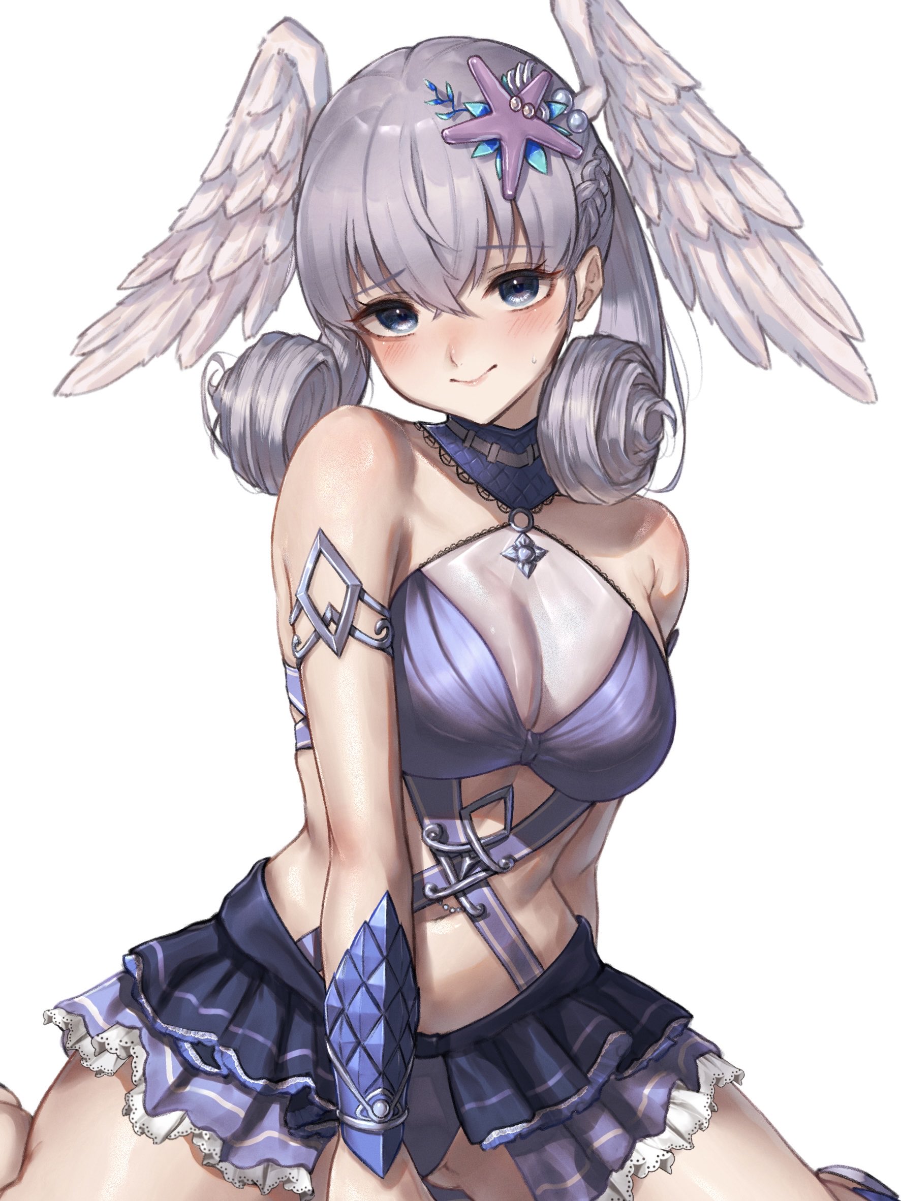 hakusai (hksicabb), melia antiqua, xenoblade chronicles (series), xenoblade chronicles 1, highres, 1girl, bikini, blue eyes, blush, braid, breasts, curly hair, grey hair, head wings, long hair, looking at viewer, medium breasts, simple background, smile, solo, swimsuit, wings