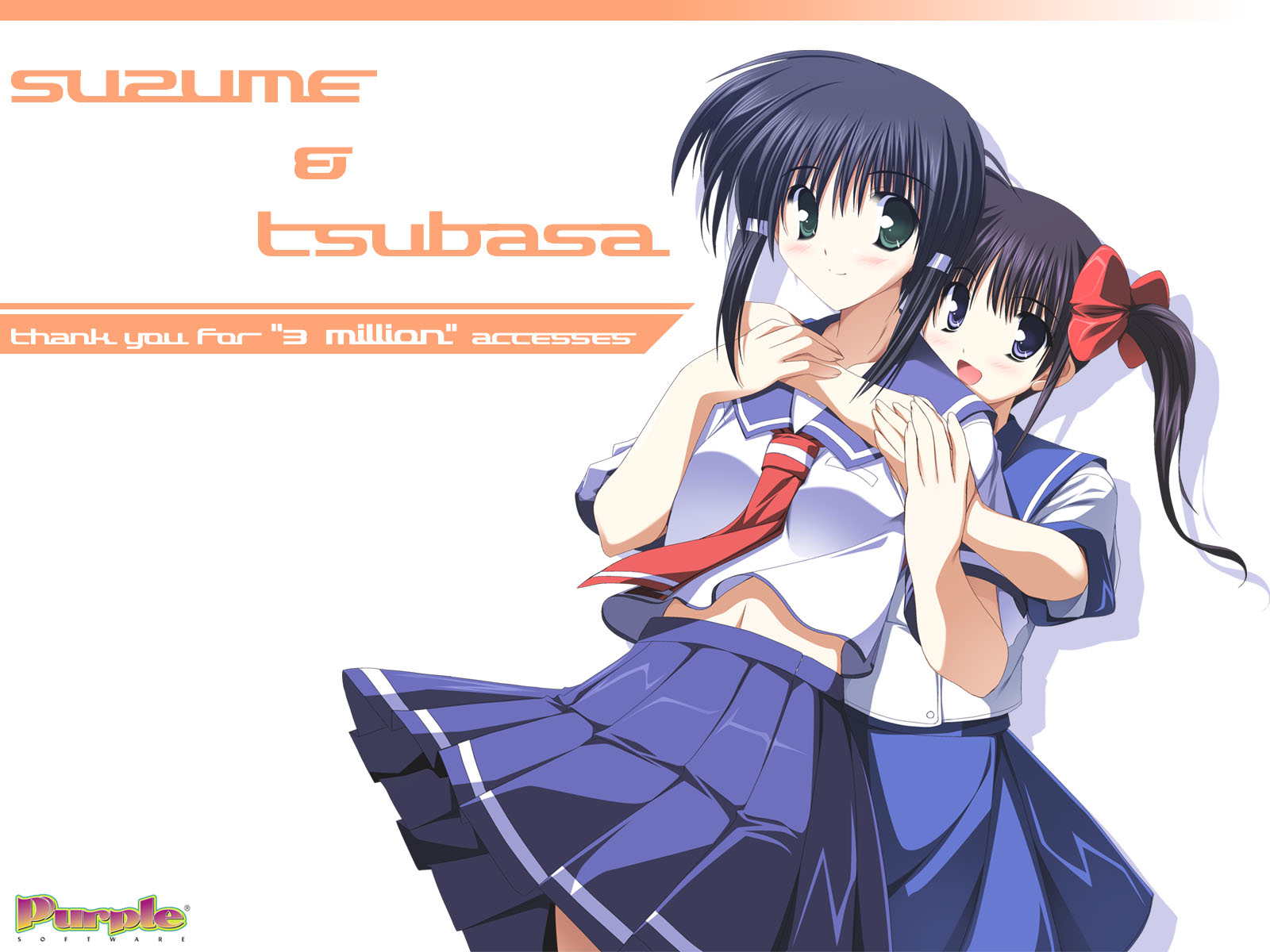 yuuki makoto (radiant), nakata suzume, tokura tsubasa, akiiro renka, clear blue communications, natsuiro komachi, highres, official art, official wallpaper, 2girls, :d, black hair, blue eyes, blue hair, blush, bow, crossover, green eyes, hair bow, hair ornament, hair ribbon, hairclip, hug, hug from behind, midriff, milestone celebration, multiple girls, navel, necktie, open mouth, pleated skirt, ribbon, school uniform, serafuku, shadow, simple background, skirt, smile, square-end necktie, standing, twintails, wind, wind lift
