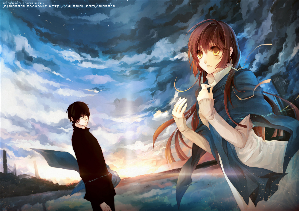sinsora, original, bad id, bad pixiv id, black hair, brown hair, cloud, landscape, long hair, scarf, sky, sun, sunset, yellow eyes