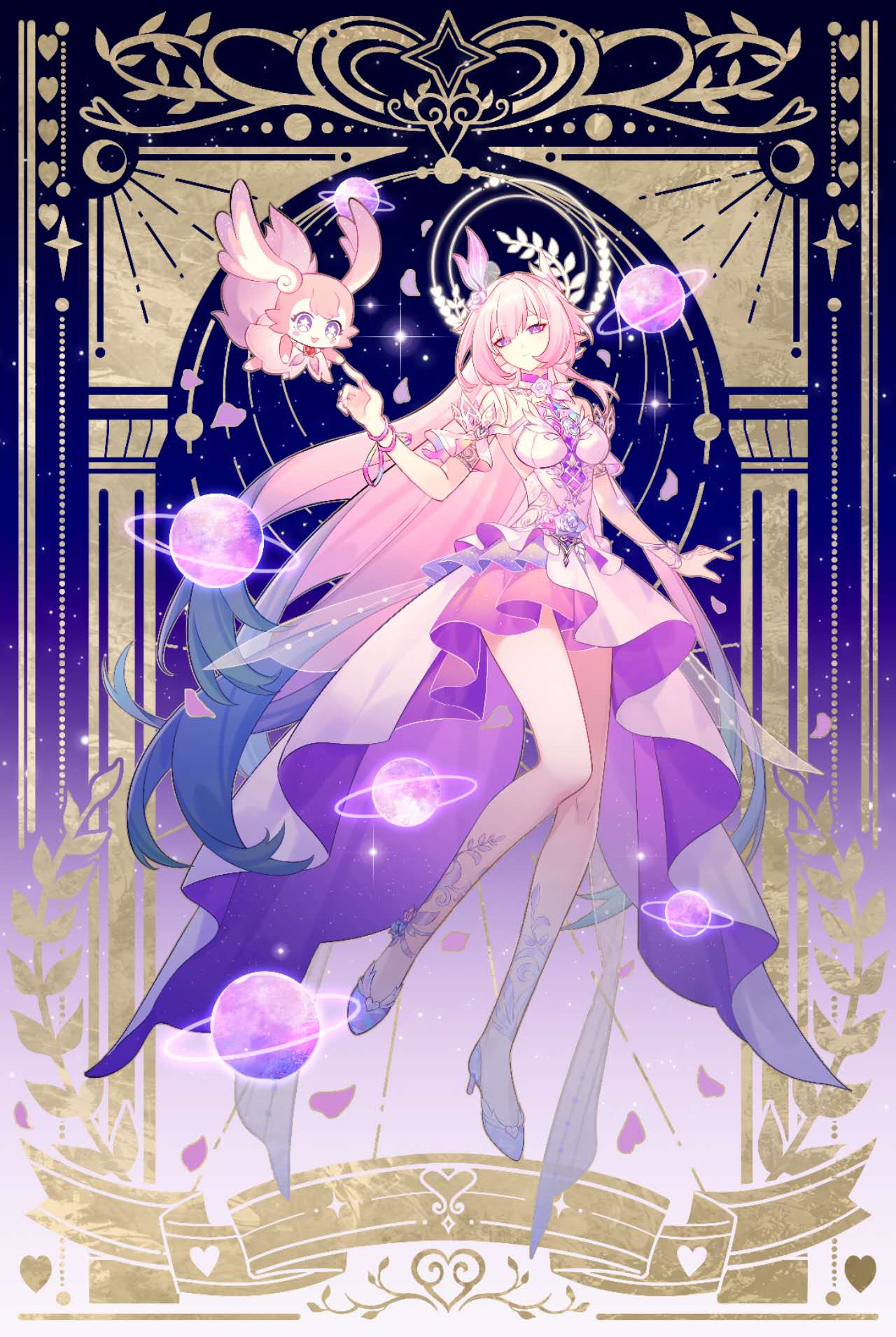 coldeye, cyrene (honkai: star rail), cyrene (ripples of past reverie) (honkai: star rail), mem (honkai: star rail), honkai: star rail, honkai (series), hashtag-only commentary, highres, 1girl, blue eyes, breasts, card (medium), diamond-shaped pupils, diamond (shape), dress, flower, hair flower, hair ornament, halo, long hair, medium breasts, pink hair, planet, planetary ring, pointy ears, purple eyes, smile, symbol-shaped pupils, tarot, tarot (medium), thighs, very long hair, white dress