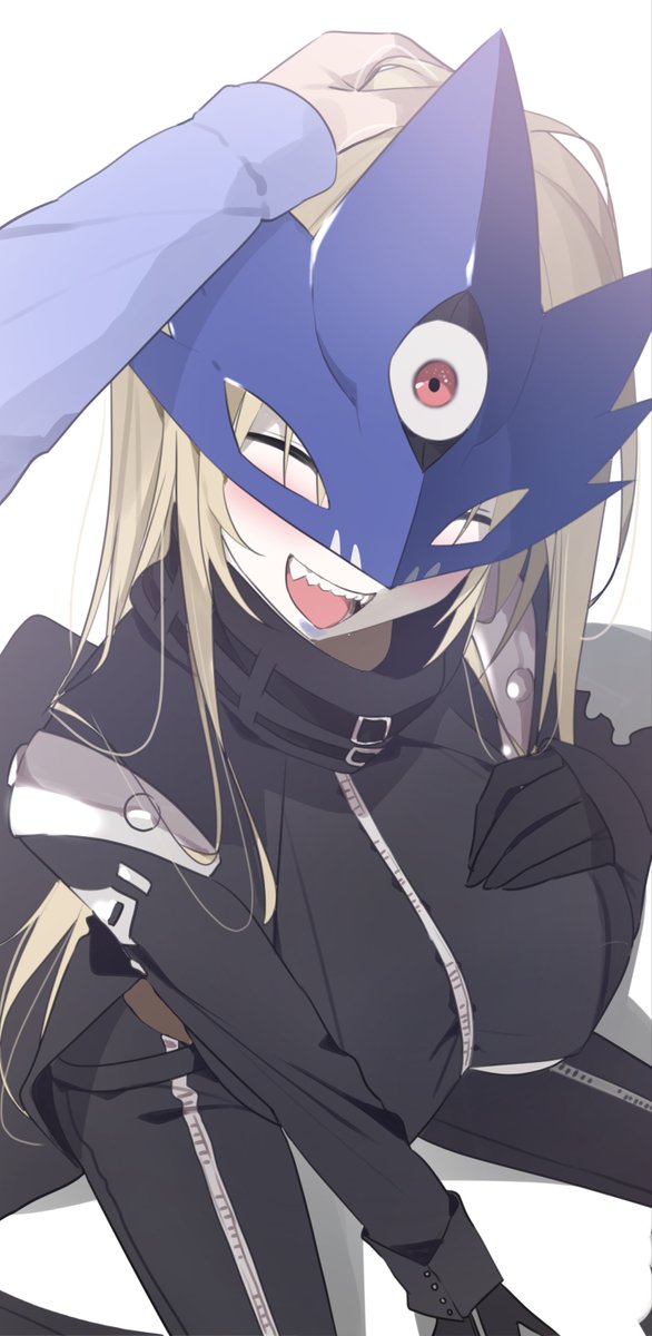 yotsumoto yuu, beelstarmon, digimon, digimon story: time stranger, highres, 1girl, black coat, black gloves, blonde hair, breasts, closed eyes, coat, digimon (creature), eye mask, gloves, large breasts, long hair, mask, open mouth, simple background, smile, third eye, underboob