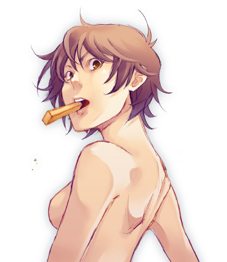 wbmen, caloriemate, original, bad id, bad pixiv id, 1girl, back, breasts, brown eyes, brown hair, female focus, food, looking back, medium breasts, messy hair, mouth hold, short hair, solo, topless female