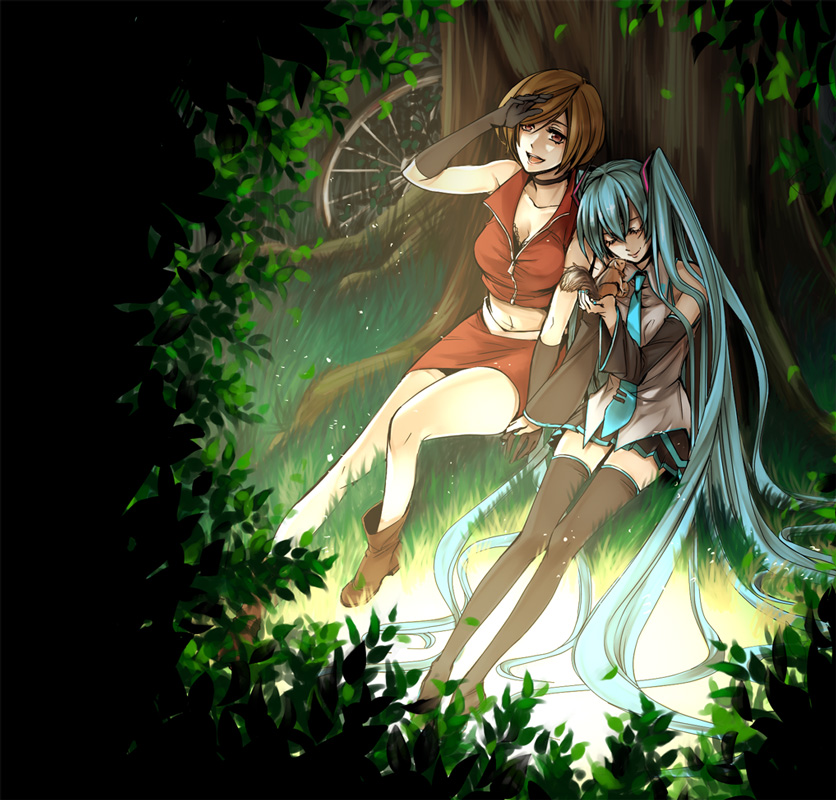 suzunosuke (sagula), hatsune miku, meiko (vocaloid), vocaloid, bad id, bad pixiv id, 2girls, aqua eyes, aqua hair, boots, breasts, brown eyes, brown hair, chipmunk, cleavage, closed eyes, detached sleeves, forest, gloves, large breasts, long hair, midriff, multiple girls, nature, necktie, sitting, skirt, smile, squirrel, thighhighs, twintails, very long hair, zettai ryouiki