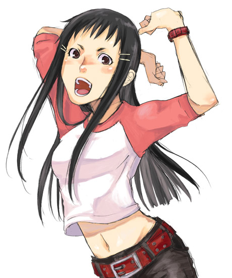 wbmen, momota momo, giga tokyo toybox, arms up, belt, black hair, brown eyes, hair ornament, hairclip, long hair, midriff, open mouth, raglan sleeves