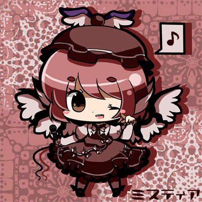 nasa yu, mystia lorelei, touhou, bad id, bad pixiv id, lowres, 1girl, animal ears, chibi, female focus, full body, hat, microphone, pink eyes, pink hair, short hair, solo, standing, wings, wink, yomム・bad id