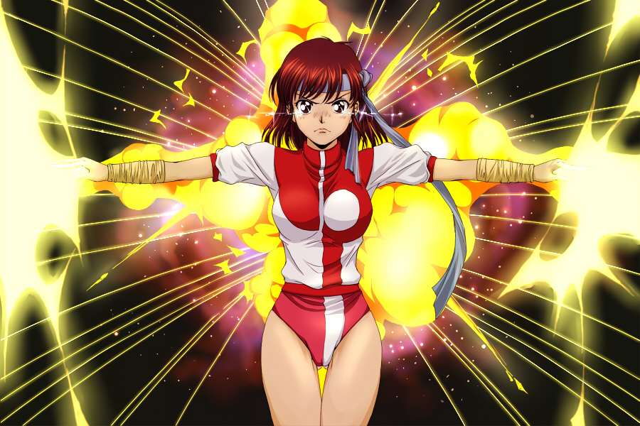 nigiriushi, takaya noriko, top wo nerae!, top wo nerae! (series), bad id, bad pixiv id, 1girl, blue headband, brown eyes, brown hair, explosion, female focus, gym uniform, headband, leotard, motion lines, pink leotard, short hair, solo, speed lines, star (symbol), tears, thigh gap, thighs