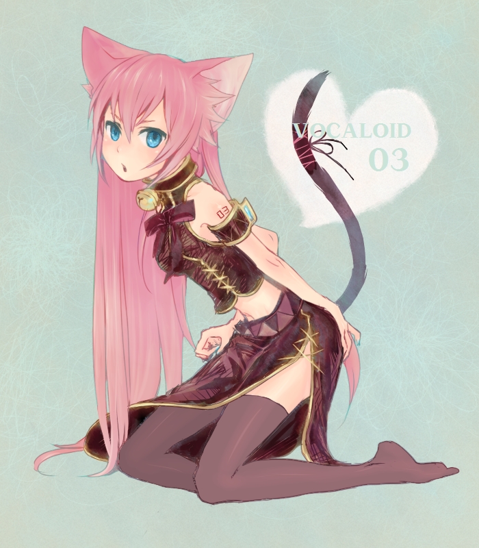 yamano, yamano futsuki, megurine luka, vocaloid, bad id, bad pixiv id, 1girl, animal ears, bell, blue eyes, cat ears, cat tail, collar, female focus, heart, long hair, midriff, neck bell, pink hair, ribbon, solo, tail, tail ornament, tail ribbon, thighhighs