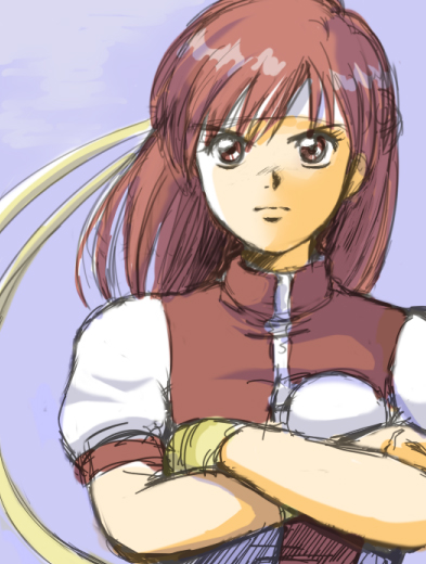marine (thanks), thanks2879, takaya noriko, top wo nerae!, top wo nerae! (series), 1girl, brown eyes, brown hair, crossed arms, female focus, gunbuster pose, headband, long hair, sketch, solo, wristband