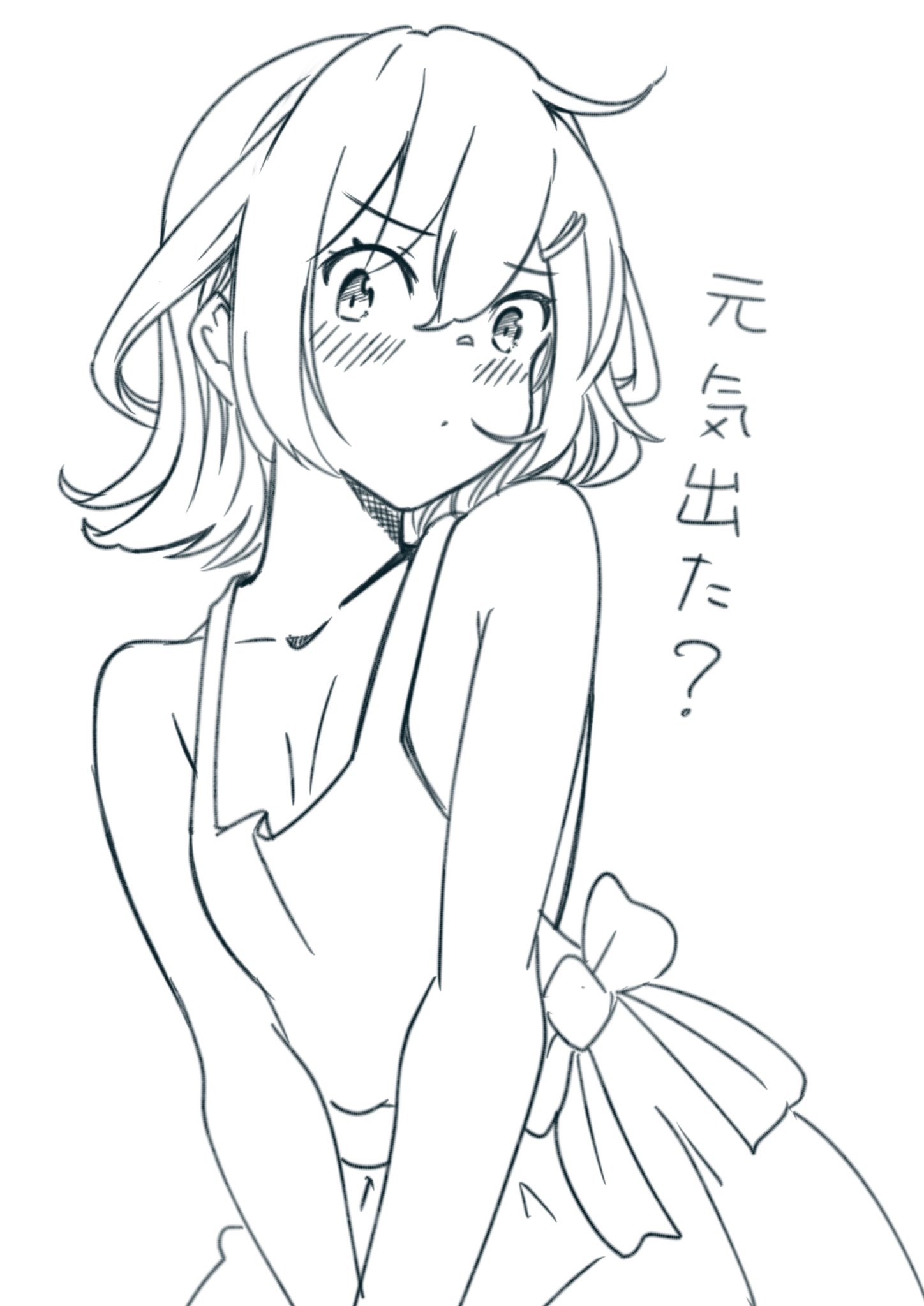 chakoru, original, highres, 1girl, bare shoulders, blush, bow, closed mouth, collarbone, dress, greyscale, hair between eyes, hair ornament, hairclip, looking at viewer, looking to the side, monochrome, short hair, sleeveless, sleeveless dress, solo, white background