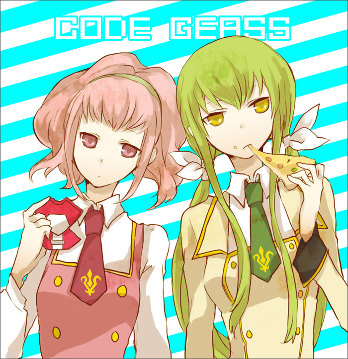 buzz (moi), anya alstreim, c.c., code geass, bad id, bad pixiv id, 00s, 2girls, eating, expressionless, food, green hair, hair ribbon, hairband, multiple girls, necktie, pink eyes, pink hair, pizza, ribbon, school uniform, twintails, yellow eyes