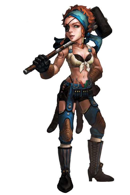 florensia, artist request, 1girl, braid, breasts, cleavage, female focus, freckles, hammer, headband, large breasts, navel, navel piercing, piercing, solo, tattoo, transparent background