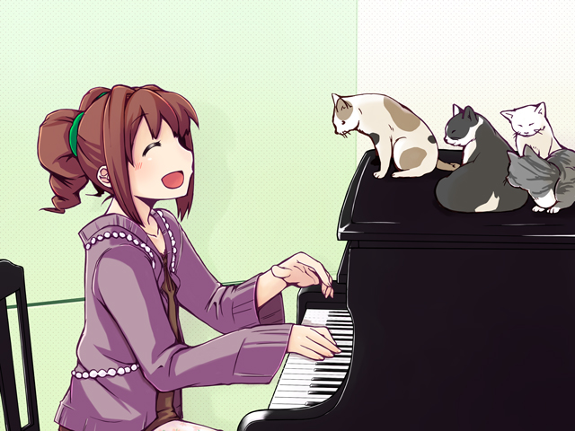 chika (orange pop), takatsuki yayoi, idolmaster, idolmaster (classic), idolmaster 1, 00s, 1girl, ^ ^, brown hair, cardigan, cat, closed eyes, female focus, grand piano, instrument, piano, sitting, solo, twintails