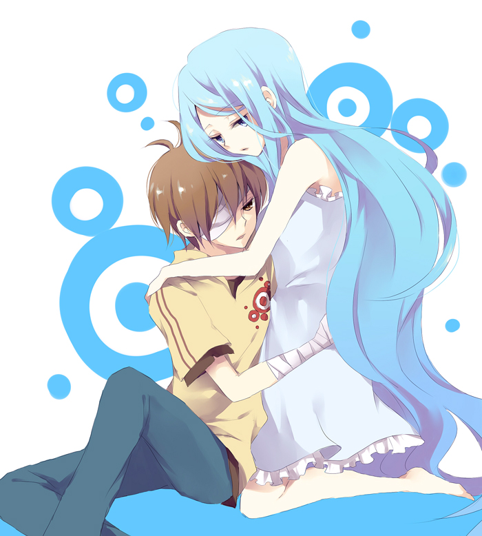 karu, yuzuki karu, ii-chan, kunagisa tomo, zaregoto series, bad id, bad pixiv id, 1boy, 1girl, bandages, barefoot, blue eyes, blue hair, brown hair, couple, dress, hetero, hug, injury