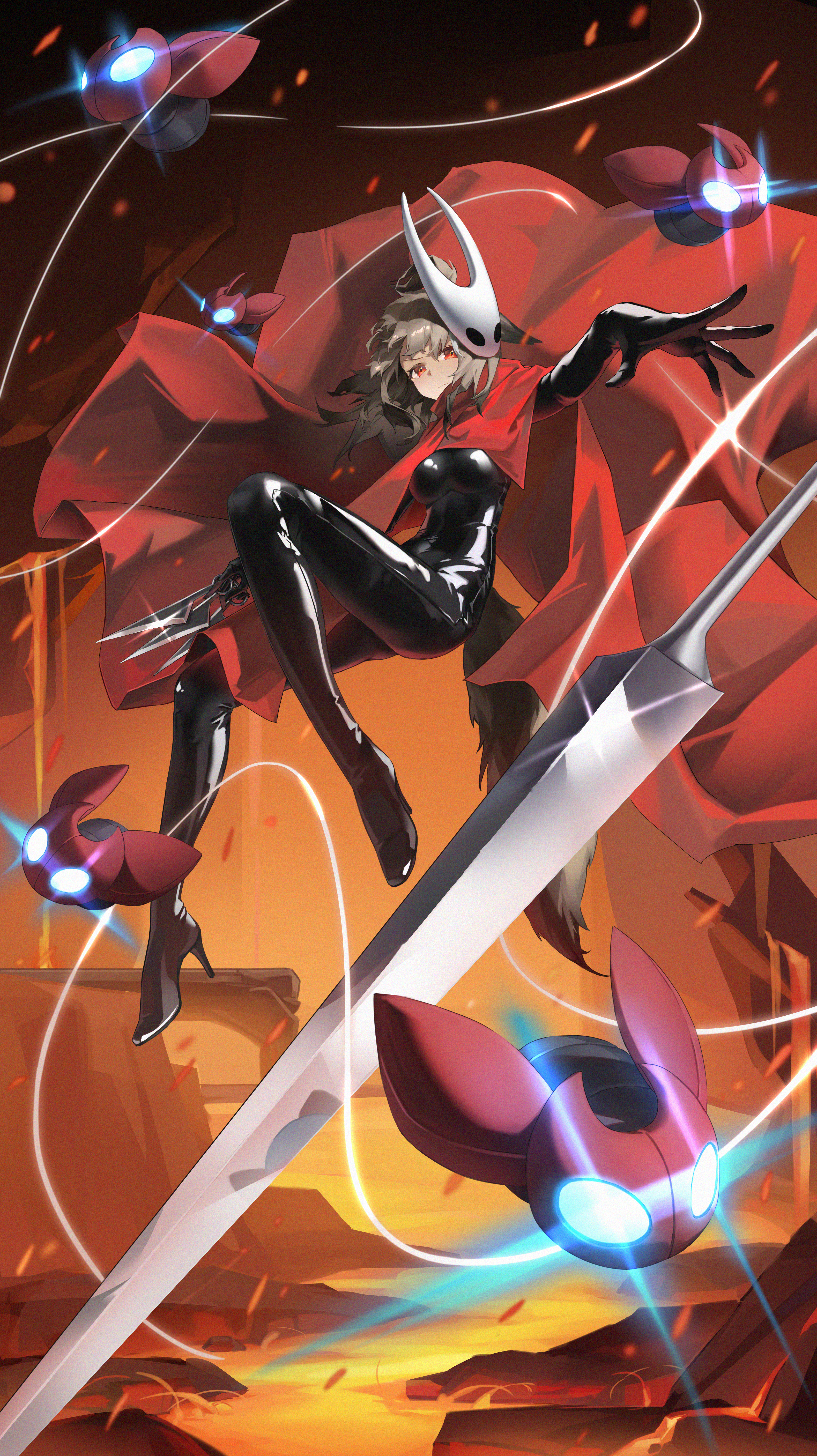 koshouko (fenrisulfr1010), cutter (arknights), hornet (hollow knight), arknights, hollow knight, hollow knight: silksong, absurdres, commentary request, highres, 1girl, animal ears, black bodysuit, bodysuit, breasts, brown hair, cloak, cosplay, floating, fox ears, fox girl, fox tail, full body, high heels, holding, holding knife, hornet (hollow knight) (cosplay), knife, latex, latex bodysuit, lava, mask, mask on head, medium breasts, medium hair, needle (hollow knight), red cloak, red eyes, shiny clothes, skin tight, solo, tail, throwing knife, topknot, weapon